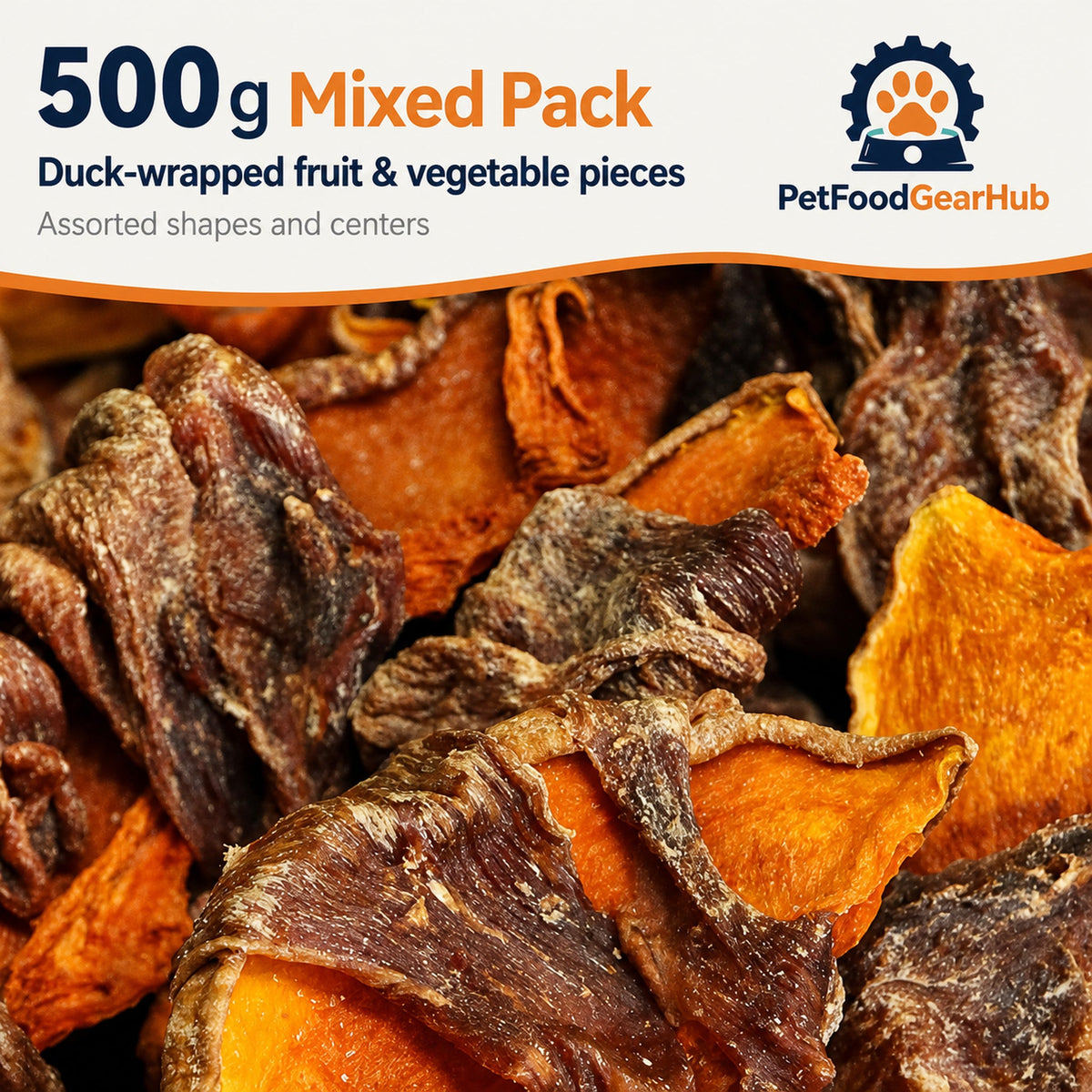 Close-up of duck-wrapped fruit and vegetable dog treats