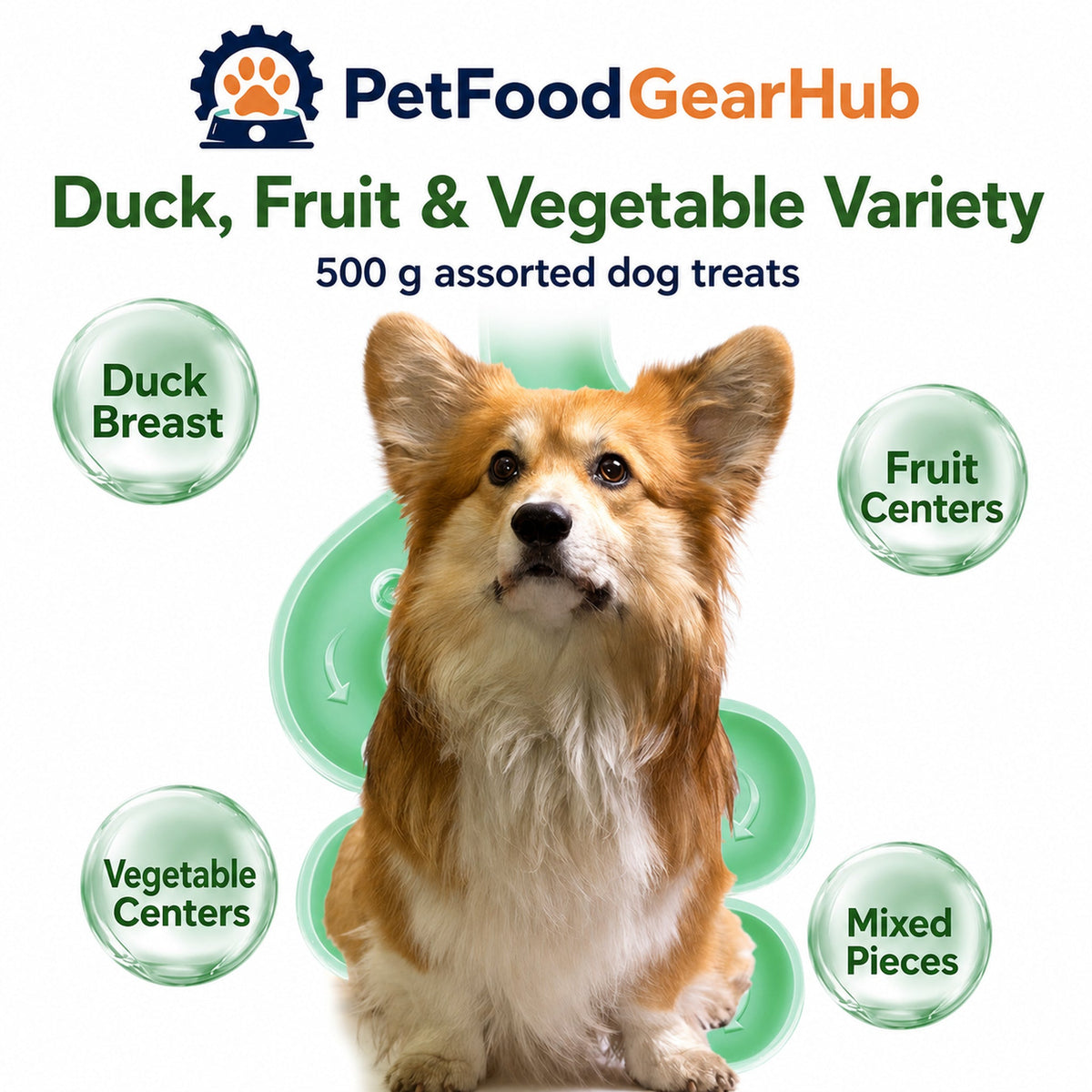 Duck breast with fruit and vegetable centers in assorted dog treats