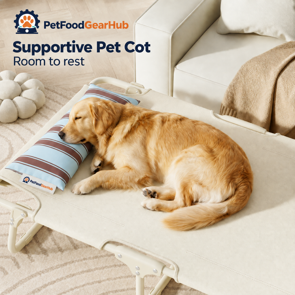 PetFoodGearHub Elevated Folding Pet Cot with Pillow - product details