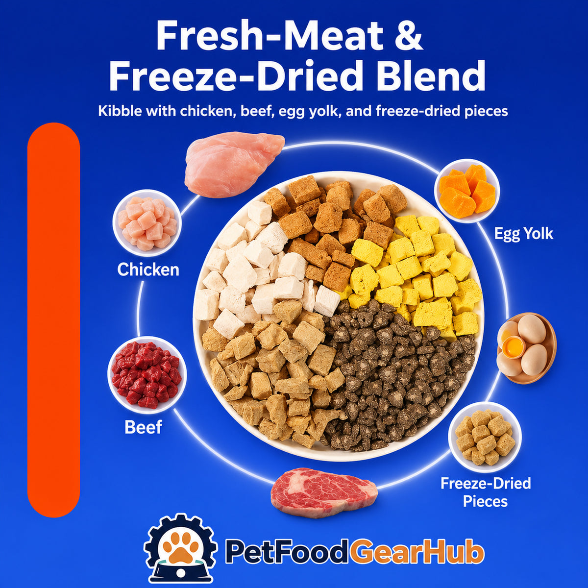 Fresh meat and freeze-dried blend with chicken, beef, and egg yolk