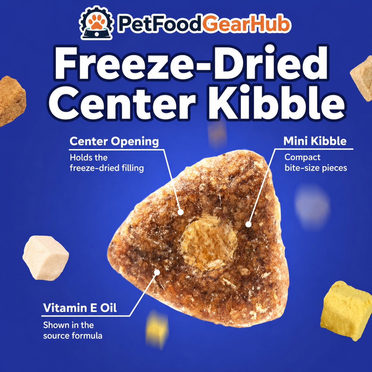 Freeze-dried center kibble with mini pieces and vitamin E oil