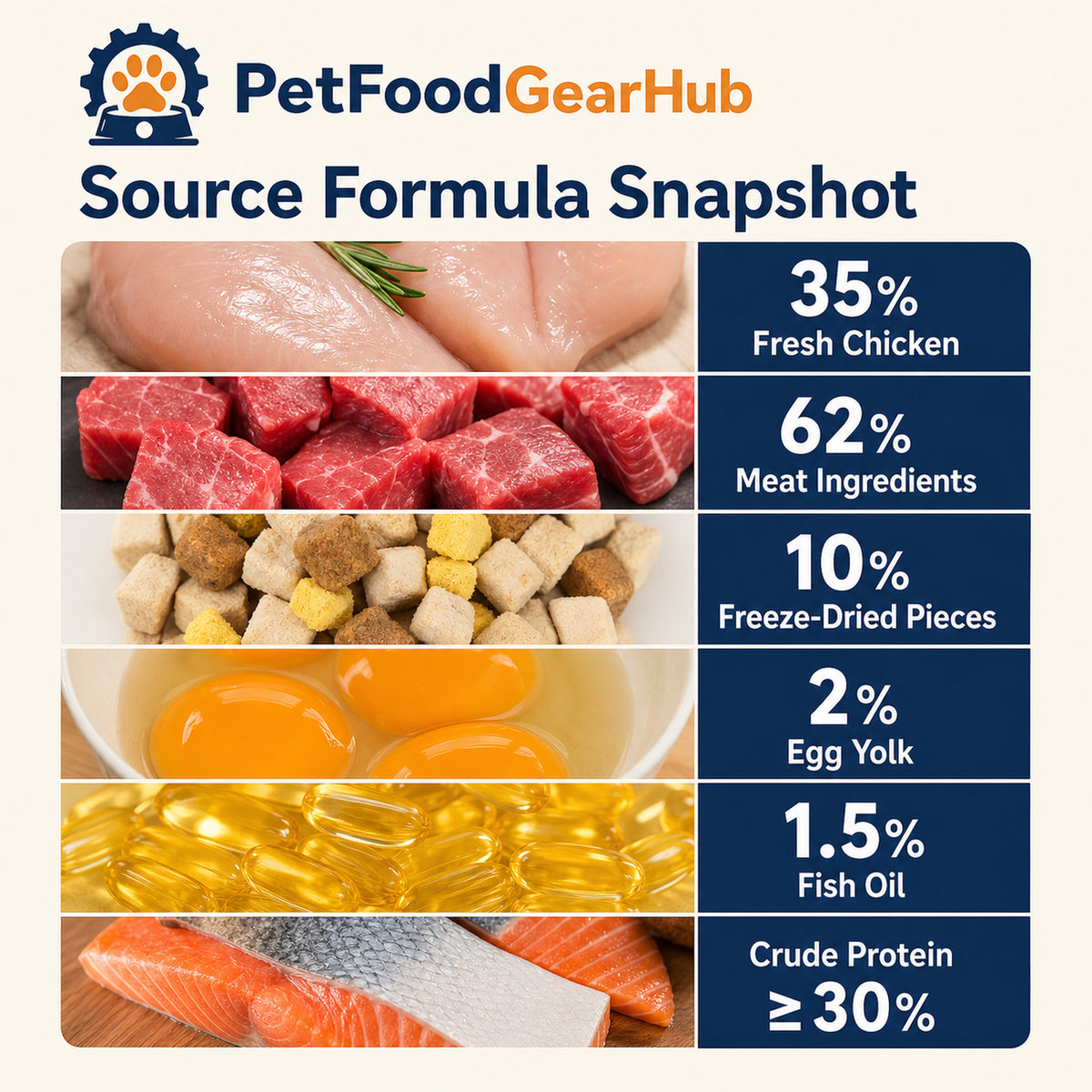 PetFoodGearHub five-blend dog food formula snapshot