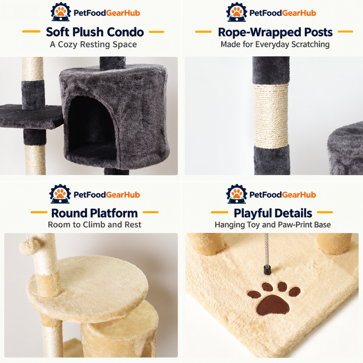 PetFoodGearHub Four-Level Cat Tree with Condo and Hanging Toy - product details