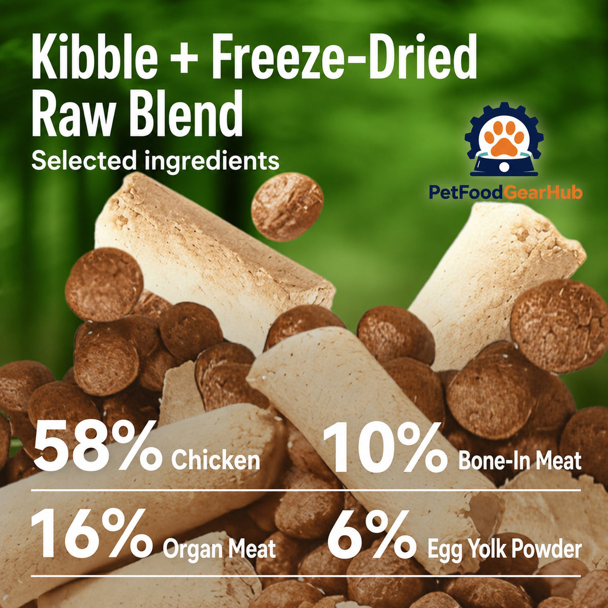 Chicken kibble and freeze-dried raw blend ingredient percentages