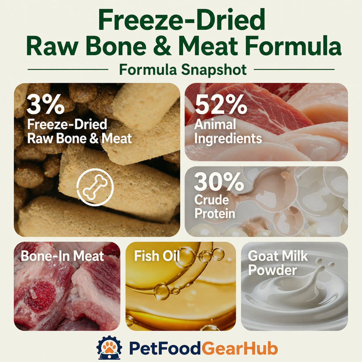 Freeze-dried raw bone and meat cat food formula snapshot