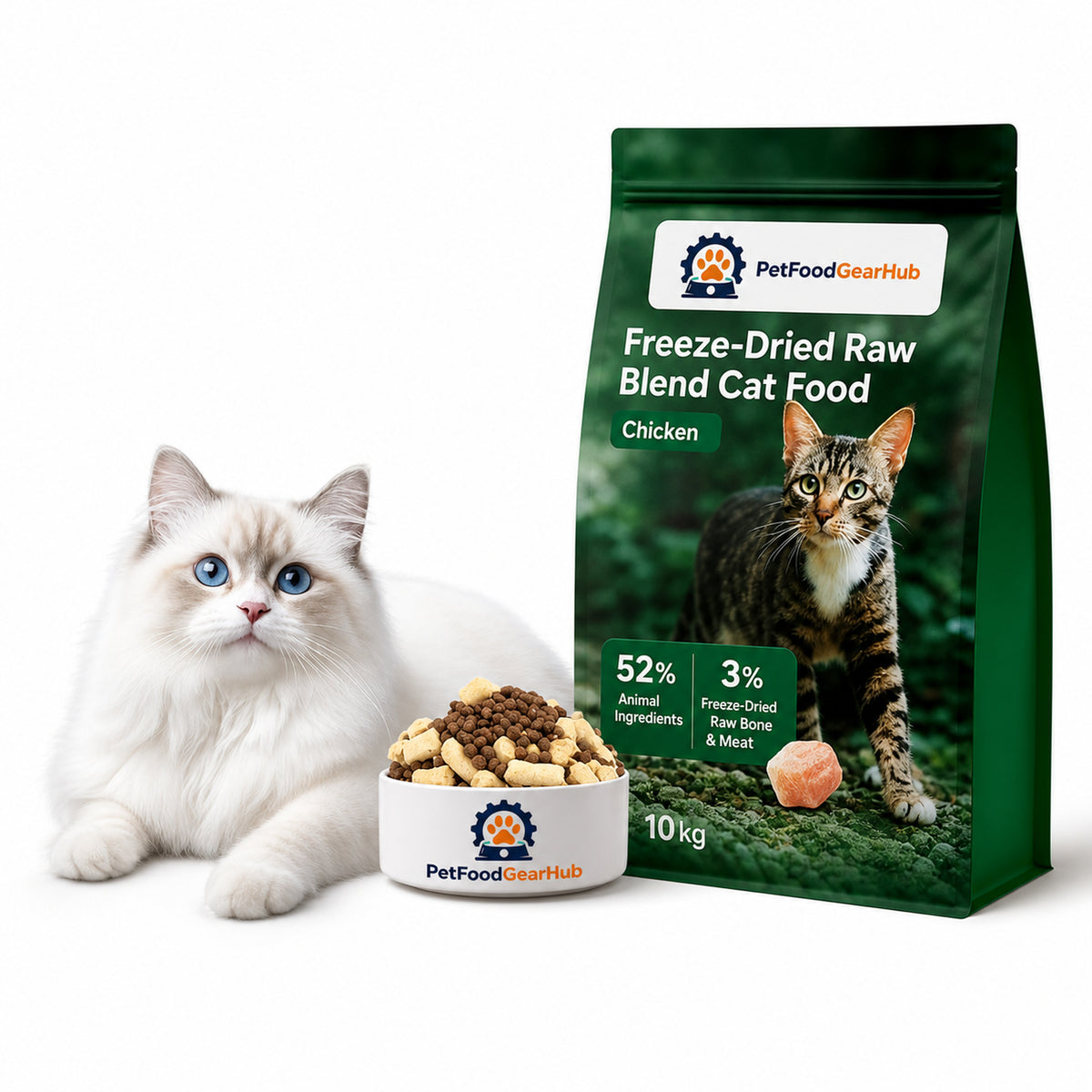 PetFoodGearHub chicken freeze-dried raw blend cat food and feeding bowl