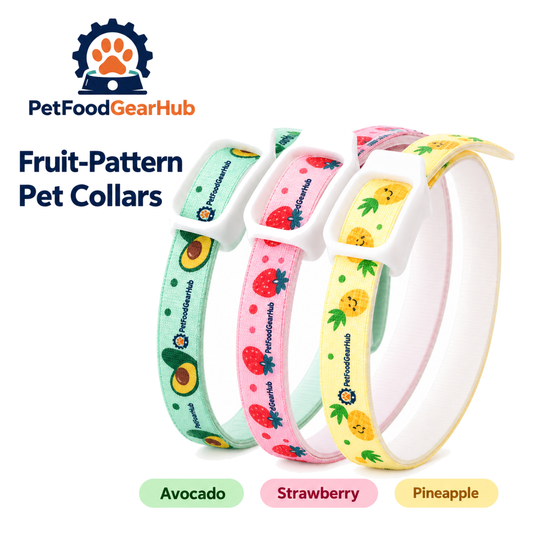 PetFoodGearHub avocado, pineapple and strawberry patterned pet collars on a white background