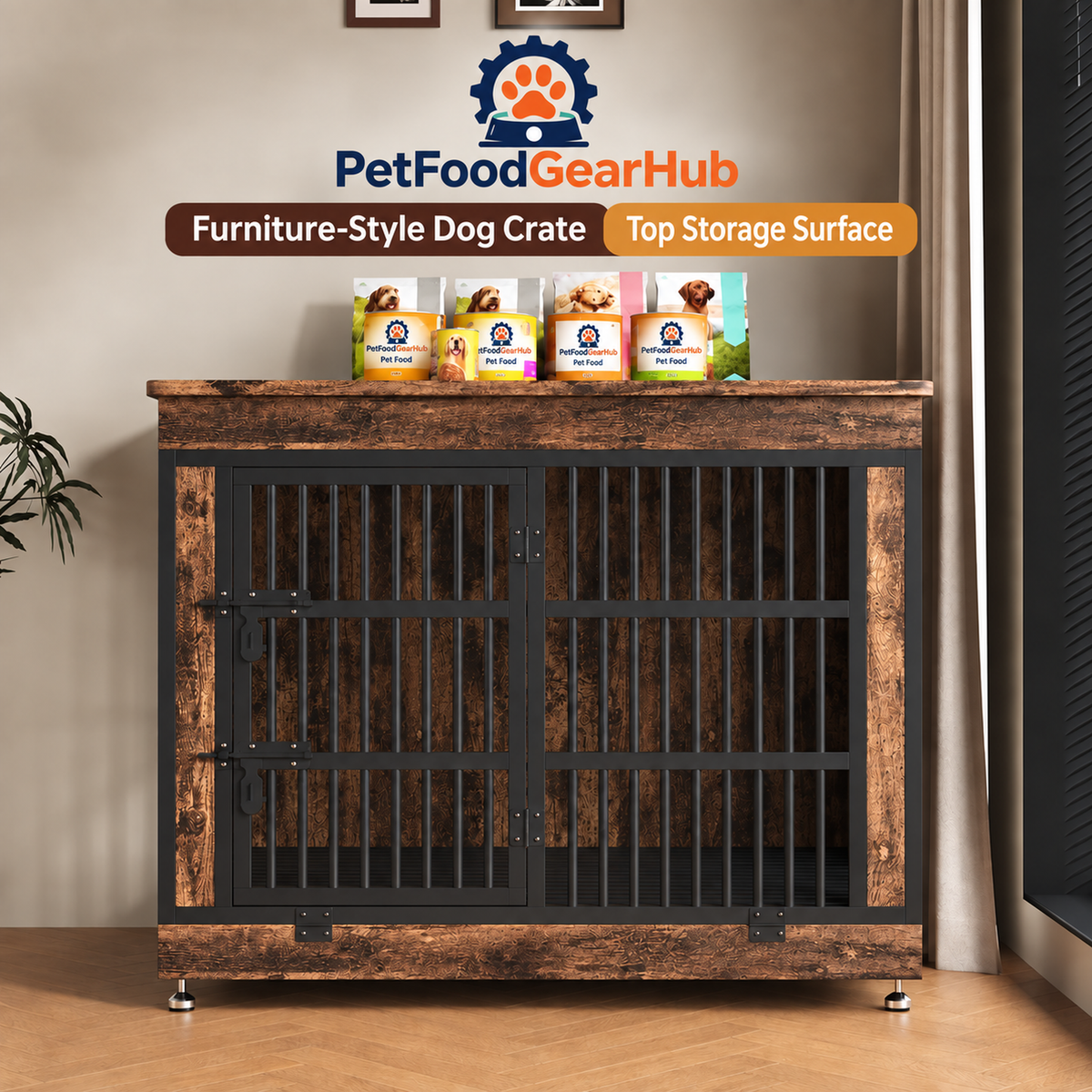 PetFoodGearHub Furniture-Style Dog Crate,  Charcoal Black - design and dimension details