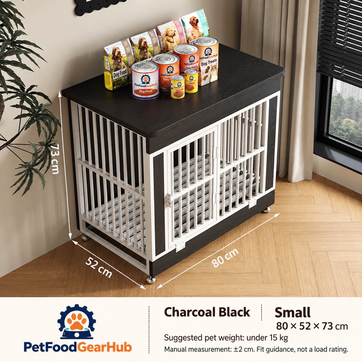 PetFoodGearHub Furniture-Style Dog Crate,  Charcoal Black - design and dimension details