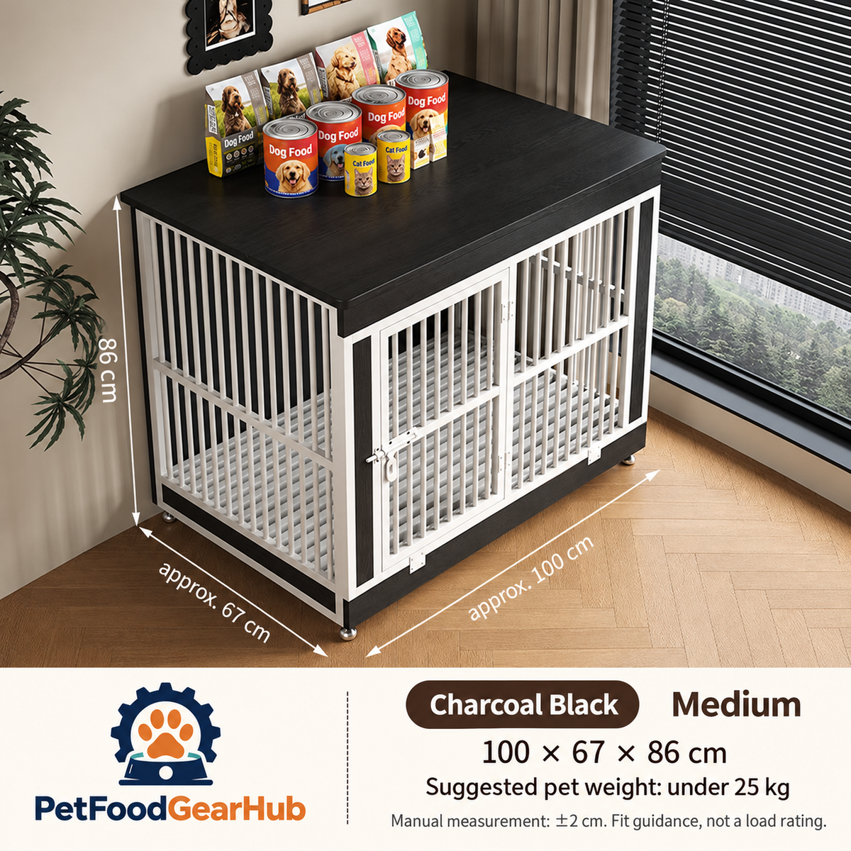 PetFoodGearHub Furniture-Style Dog Crate,  Charcoal Black - design and dimension details