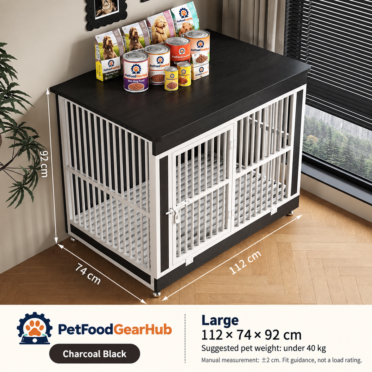 PetFoodGearHub Furniture-Style Dog Crate,  Charcoal Black - design and dimension details