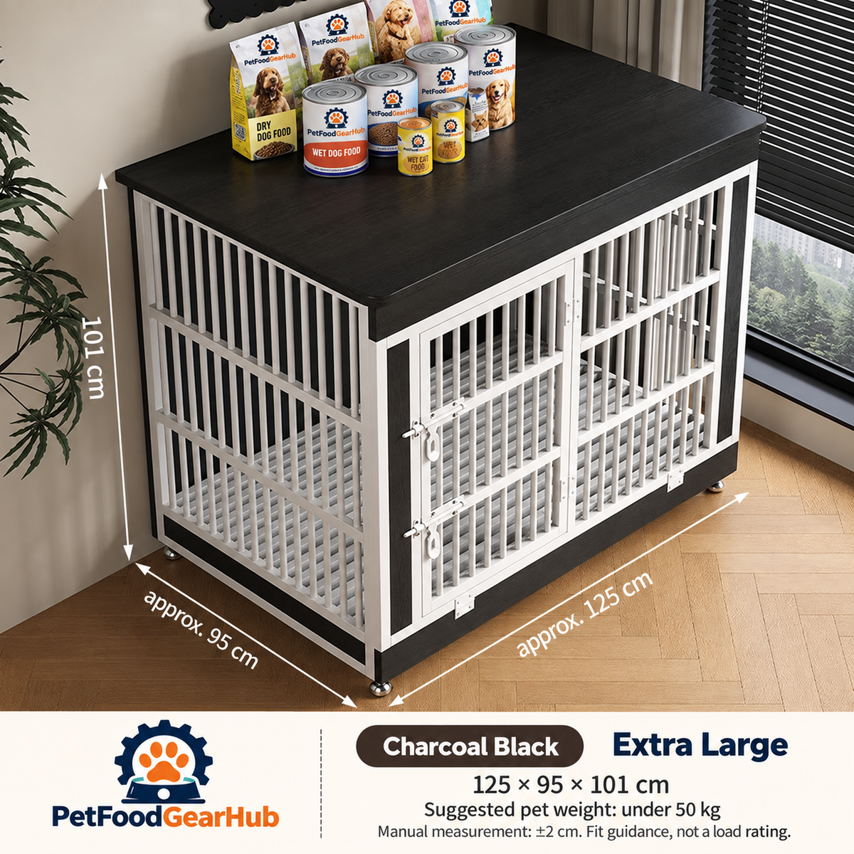 PetFoodGearHub Furniture-Style Dog Crate,  Charcoal Black - design and dimension details