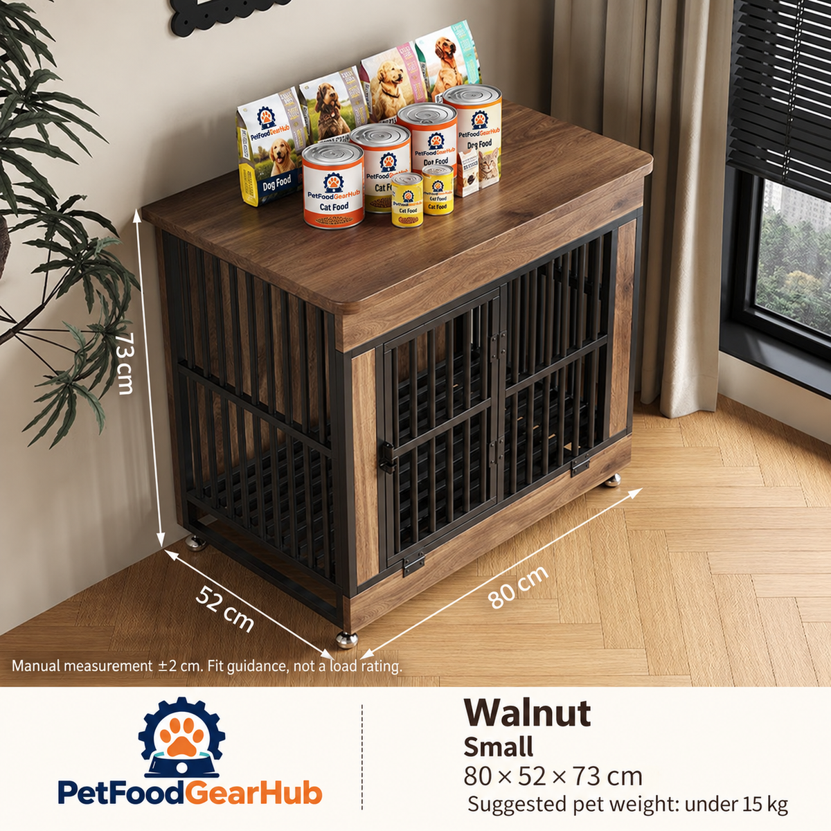 PetFoodGearHub Furniture-Style Dog Crate,  Walnut - design and dimension details