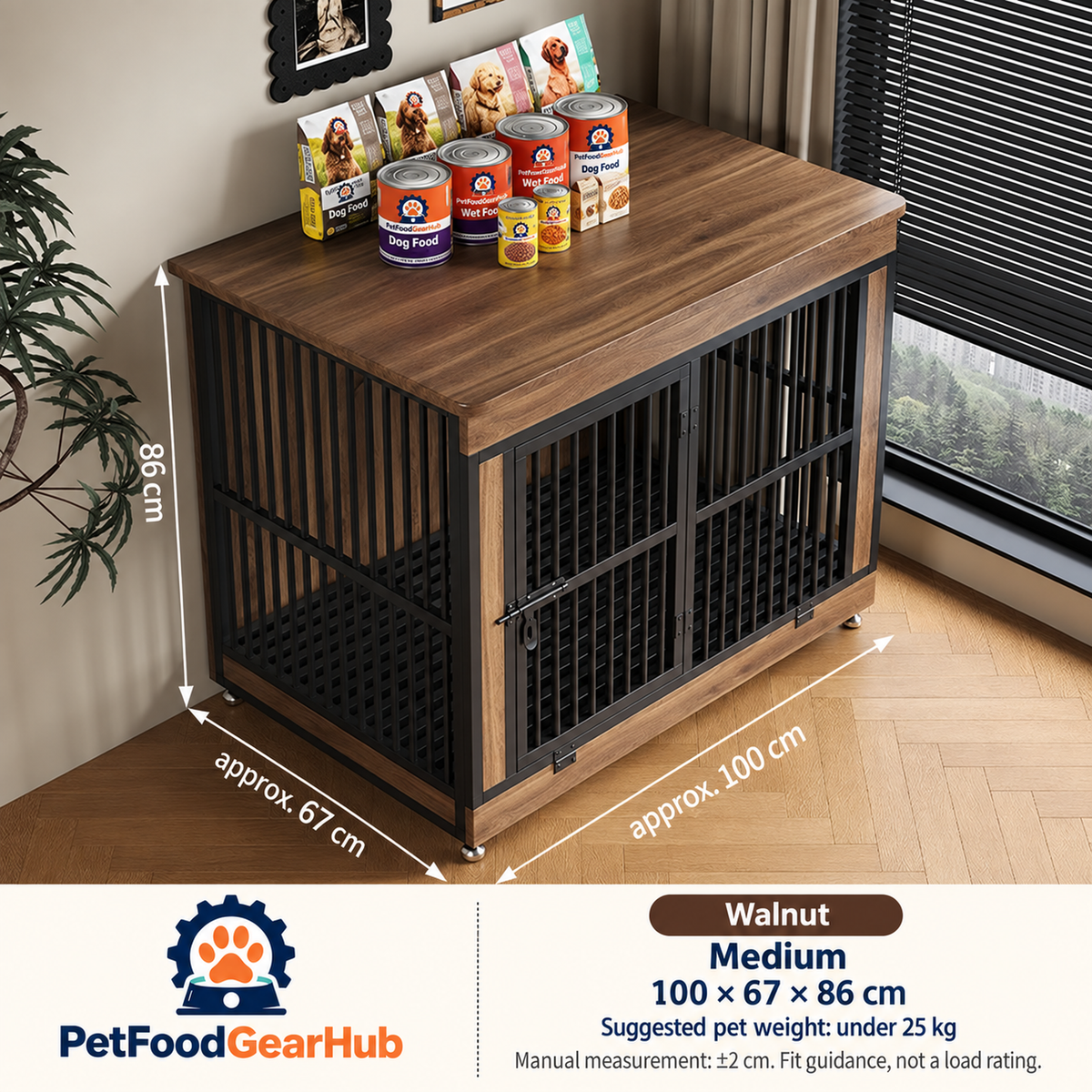 PetFoodGearHub Furniture-Style Dog Crate,  Walnut - design and dimension details