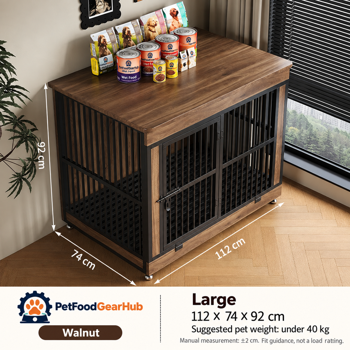 PetFoodGearHub Furniture-Style Dog Crate,  Walnut - design and dimension details