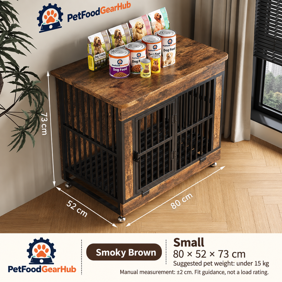 PetFoodGearHub Furniture-Style Dog Crate,  Smoky Brown - design and dimension details