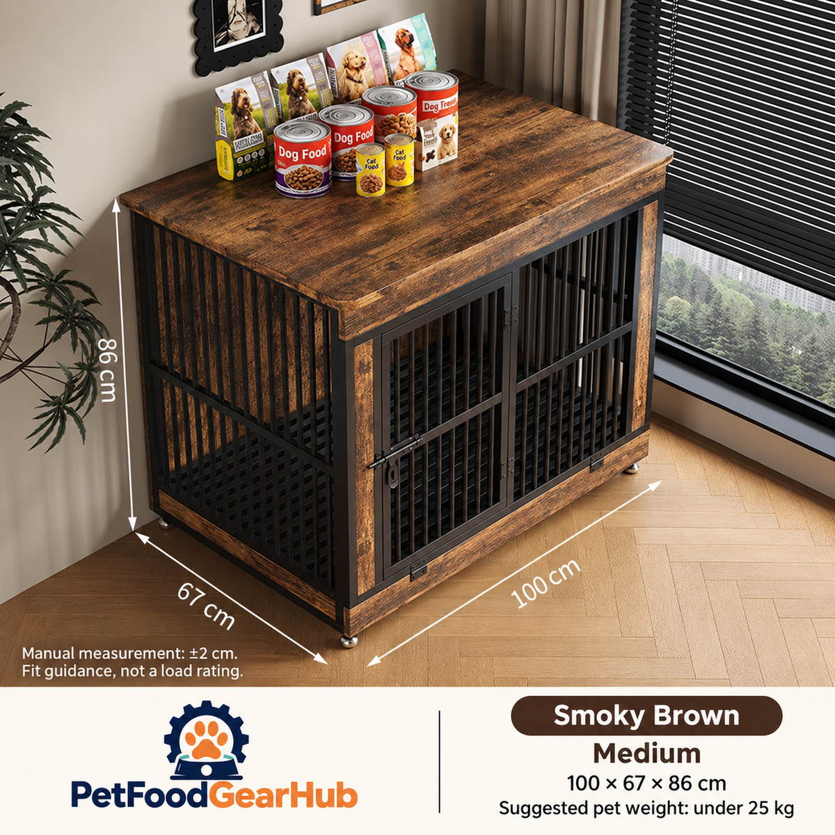PetFoodGearHub Furniture-Style Dog Crate,  Smoky Brown - design and dimension details