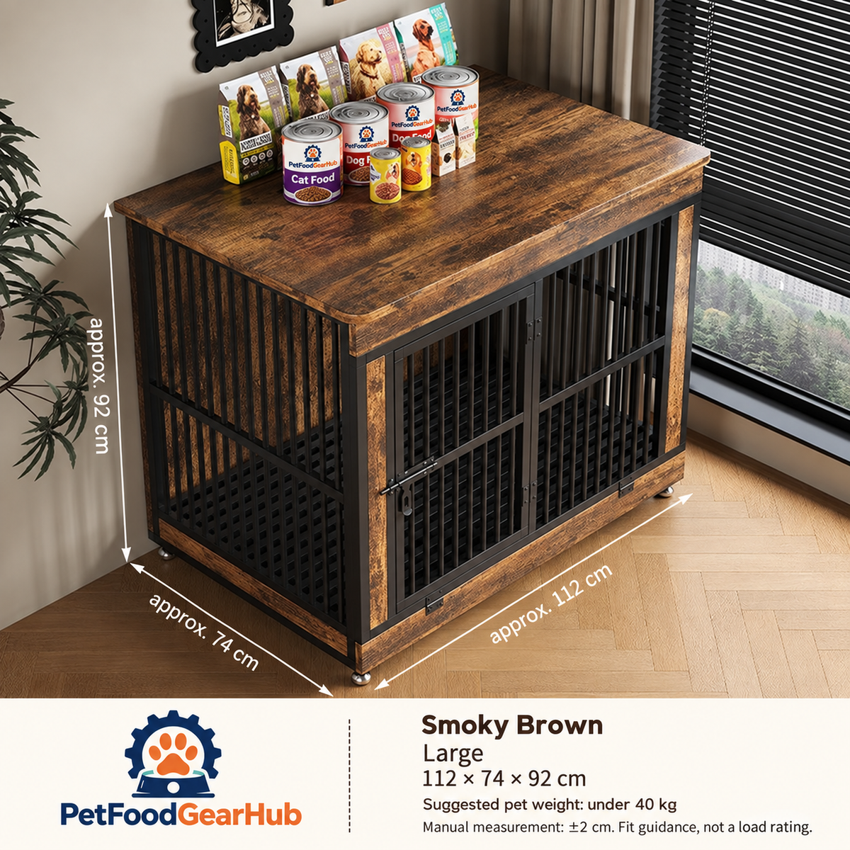 PetFoodGearHub Furniture-Style Dog Crate,  Smoky Brown - design and dimension details