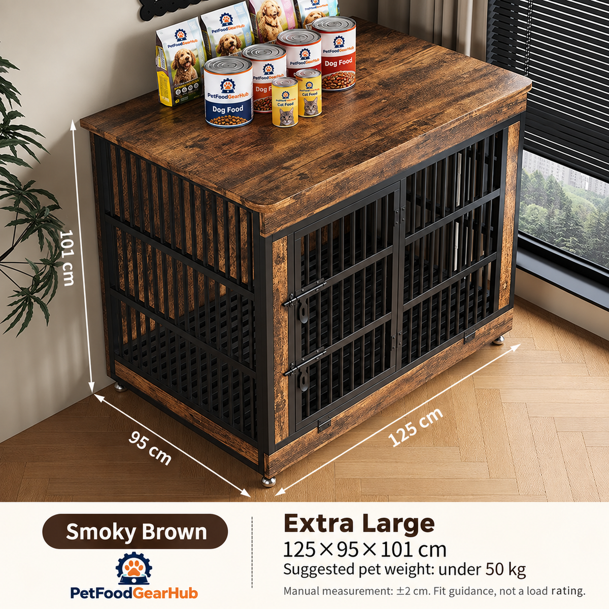 PetFoodGearHub Furniture-Style Dog Crate,  Smoky Brown - design and dimension details