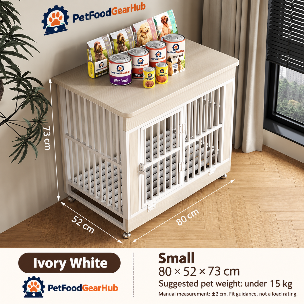 PetFoodGearHub Furniture-Style Dog Crate,  Ivory White - design and dimension details