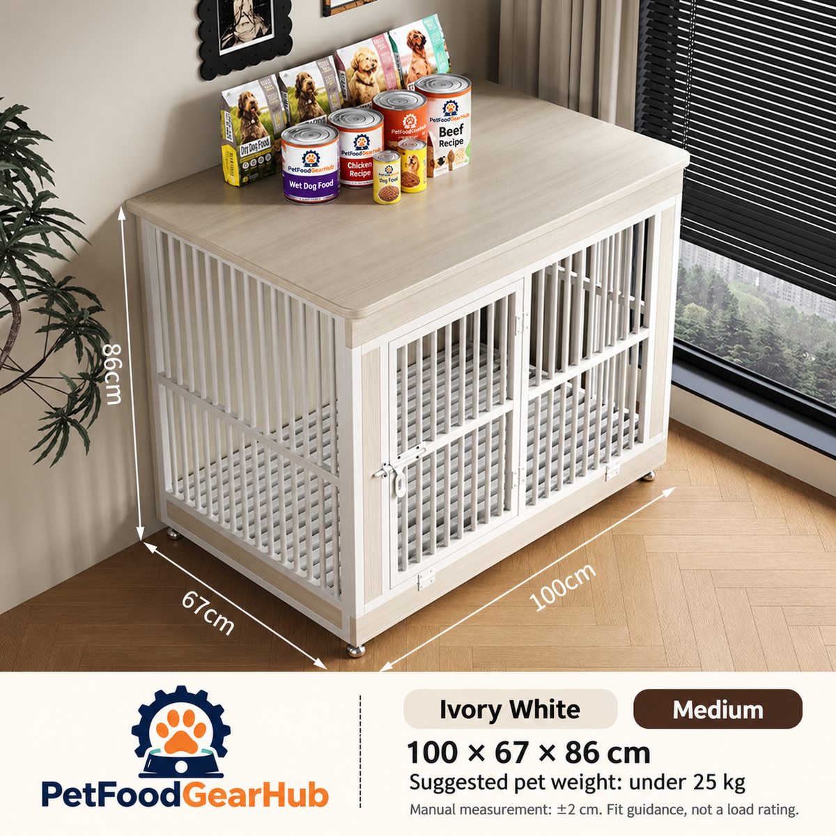 PetFoodGearHub Furniture-Style Dog Crate,  Ivory White - design and dimension details