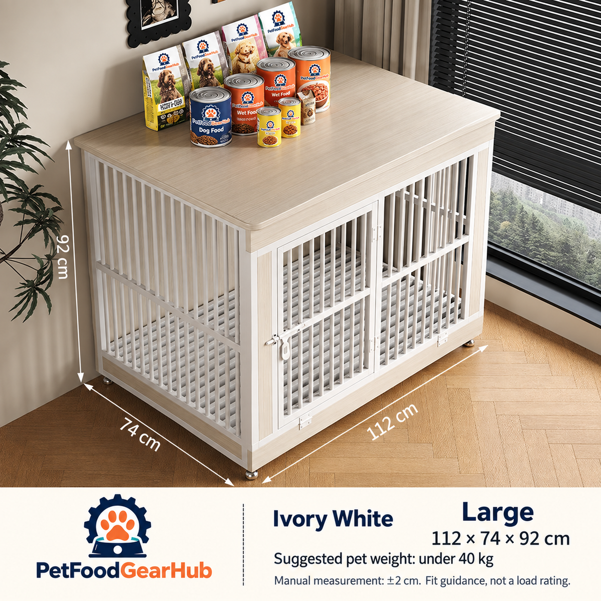 PetFoodGearHub Furniture-Style Dog Crate,  Ivory White - design and dimension details