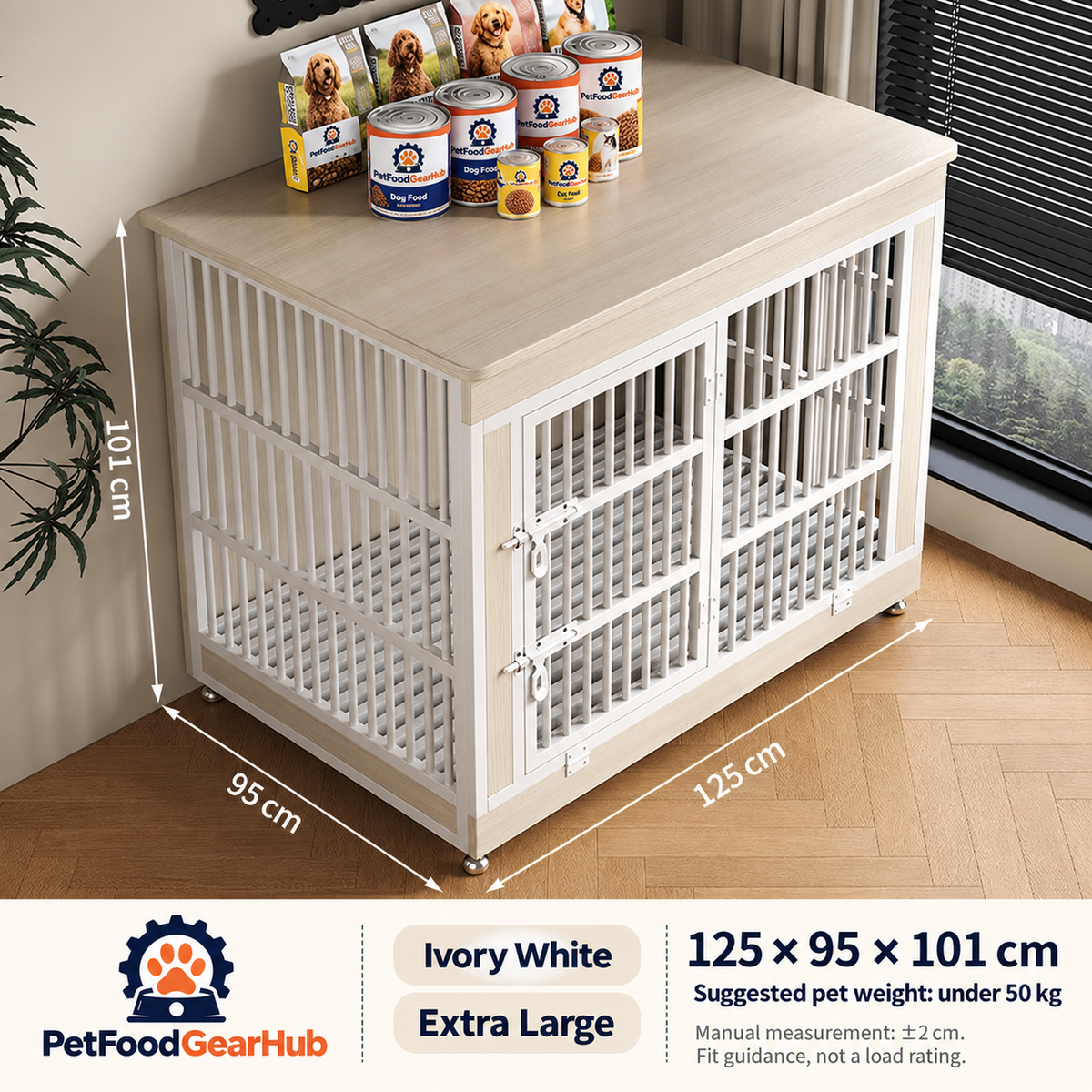 PetFoodGearHub Furniture-Style Dog Crate,  Ivory White - design and dimension details