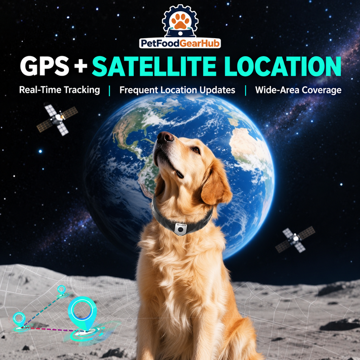 Smart GPS Camera Collar for Dogs with Live Video – GPS and satellite pet location concept