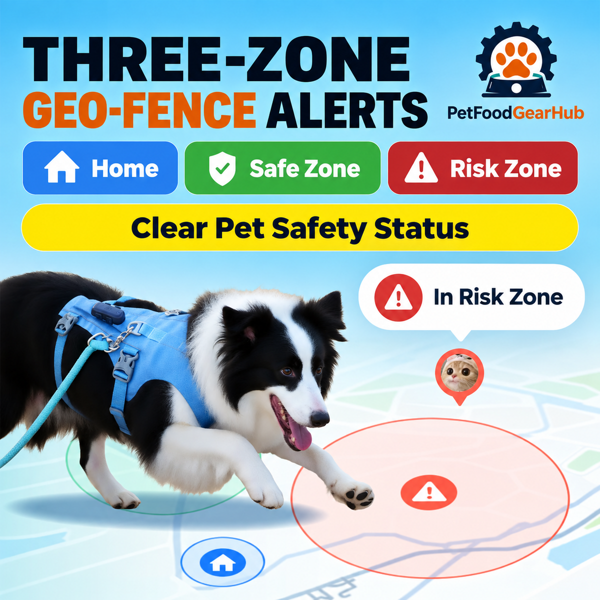 GPS Pet Tracker Collar with Sound and Light Search – three-zone geo-fence alert overview