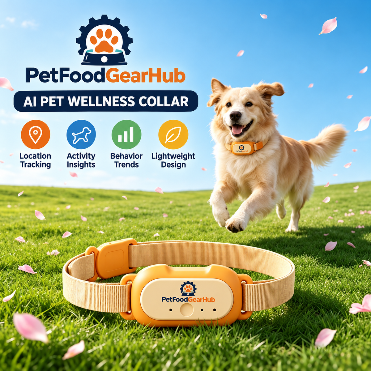 AI Pet Wellness Collar with GPS and Activity Insights – lightweight AI pet wellness collar outdoors