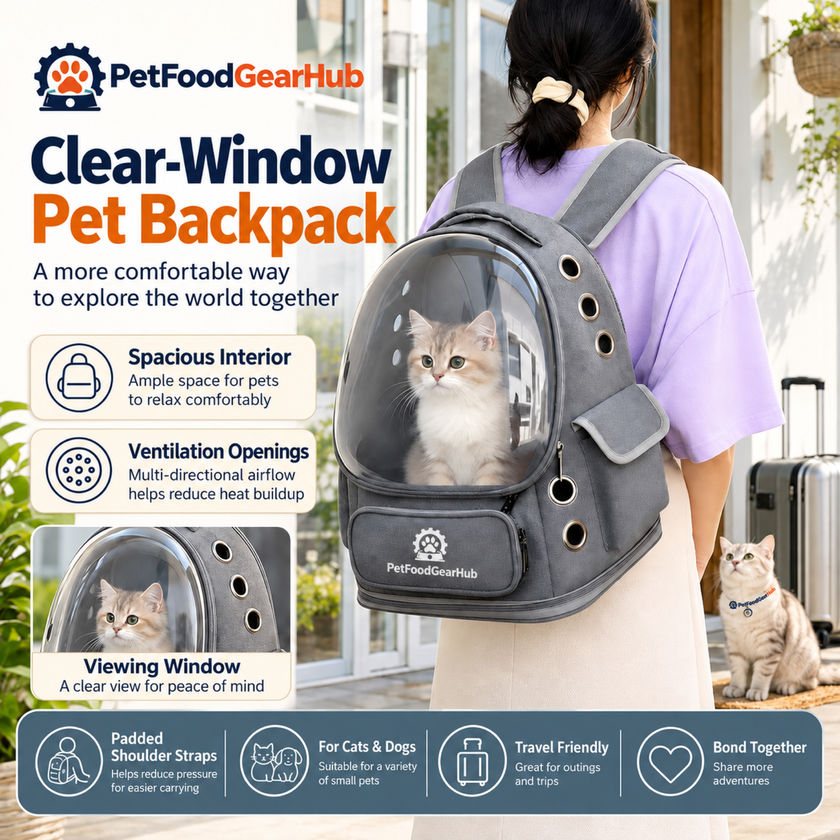 PetFoodGearHub gray pet backpack outdoors