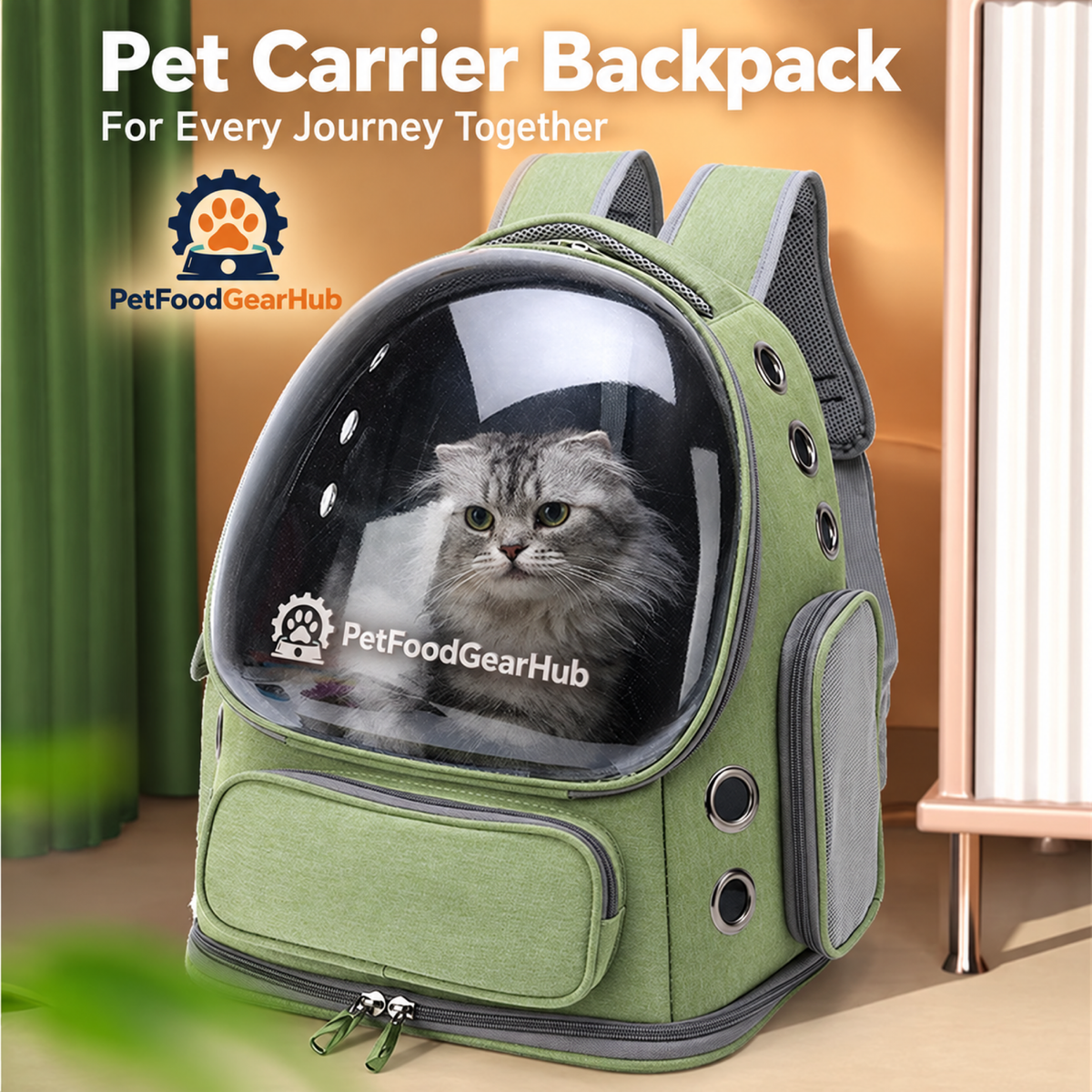 PetFoodGearHub green backpack with cat
