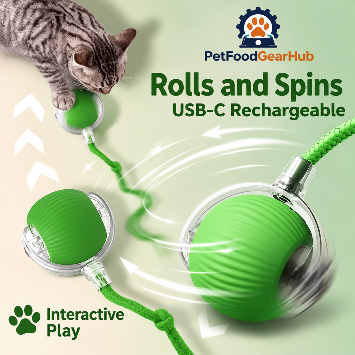 PetFoodGearHub Interactive Cat Ball 2.0 with Green Rope - product details