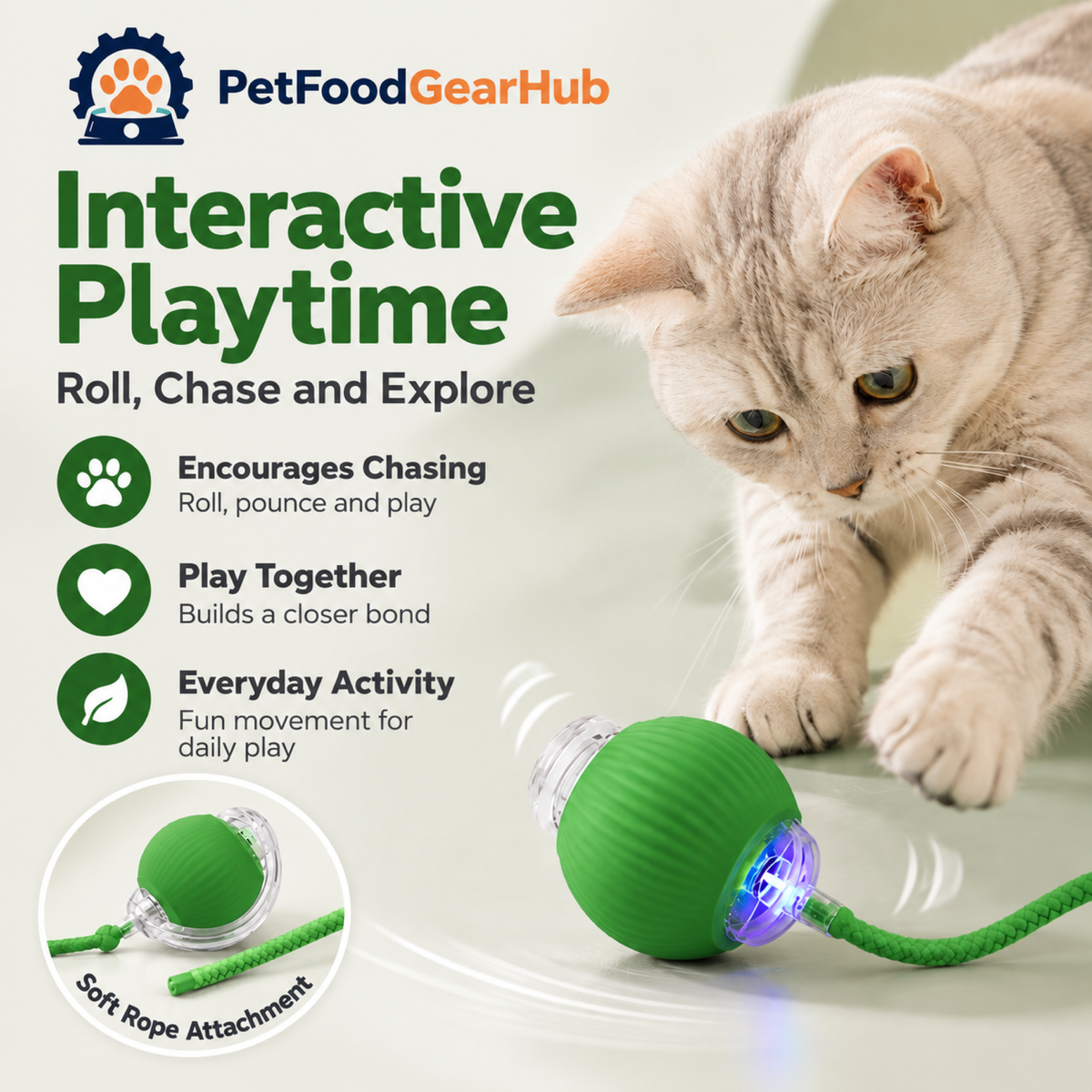 PetFoodGearHub Interactive Cat Ball 2.0 with Green Rope - product details