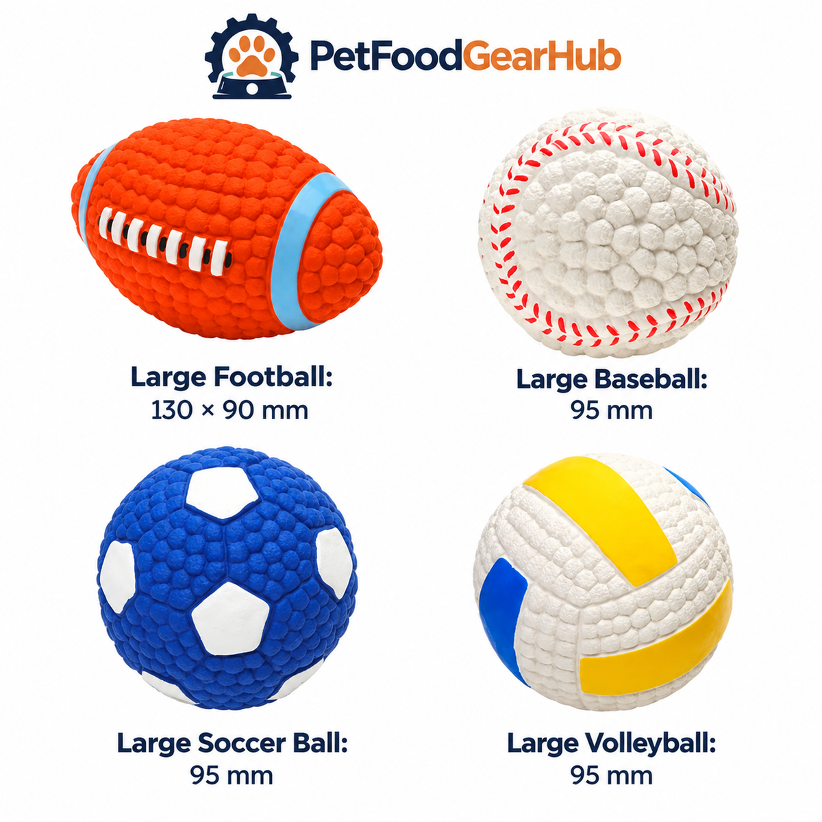 PetFoodGearHub large ball size guide: football 130 by 90 mm, round balls 95 mm