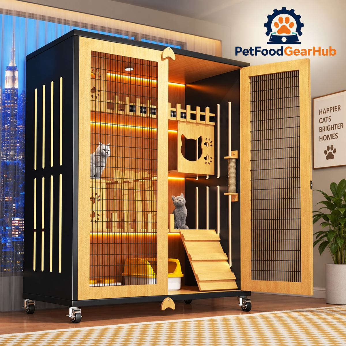 PetFoodGearHub Mesh-Door Cat Enclosure,  Black - design and dimension details