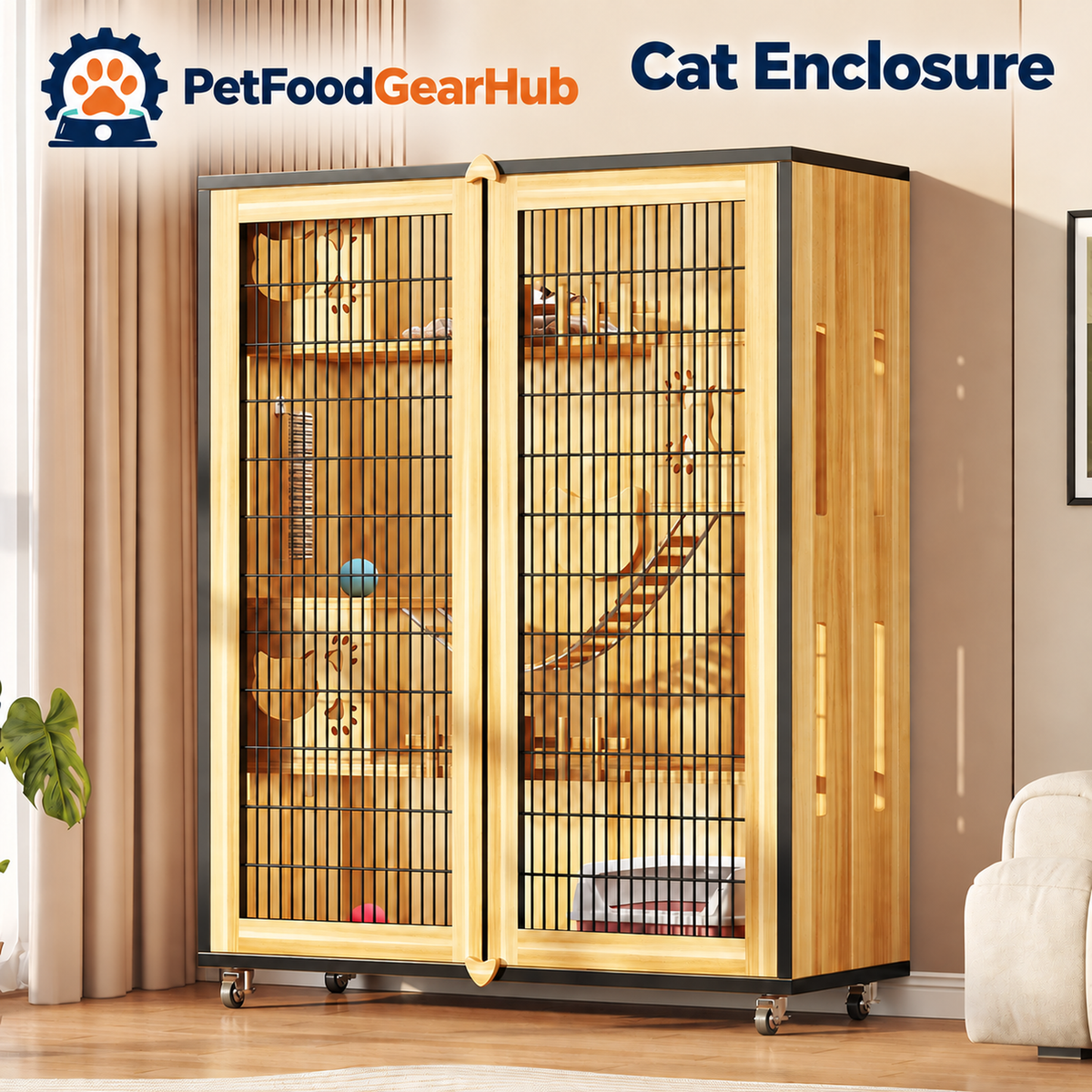 PetFoodGearHub Mesh-Door Cat Enclosure,  Black - design and dimension details
