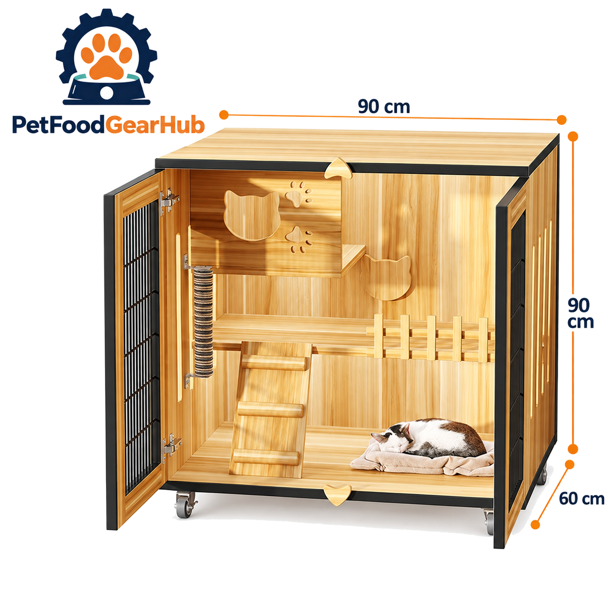 PetFoodGearHub Mesh-Door Cat Enclosure,  Natural Wood - product view