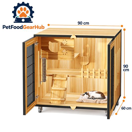PetFoodGearHub Mesh-Door Cat Enclosure,  Natural Wood - product view