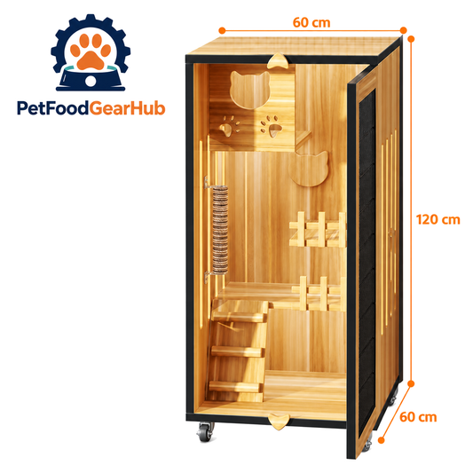 PetFoodGearHub Mesh-Door Cat Enclosure,  Natural Wood - product view