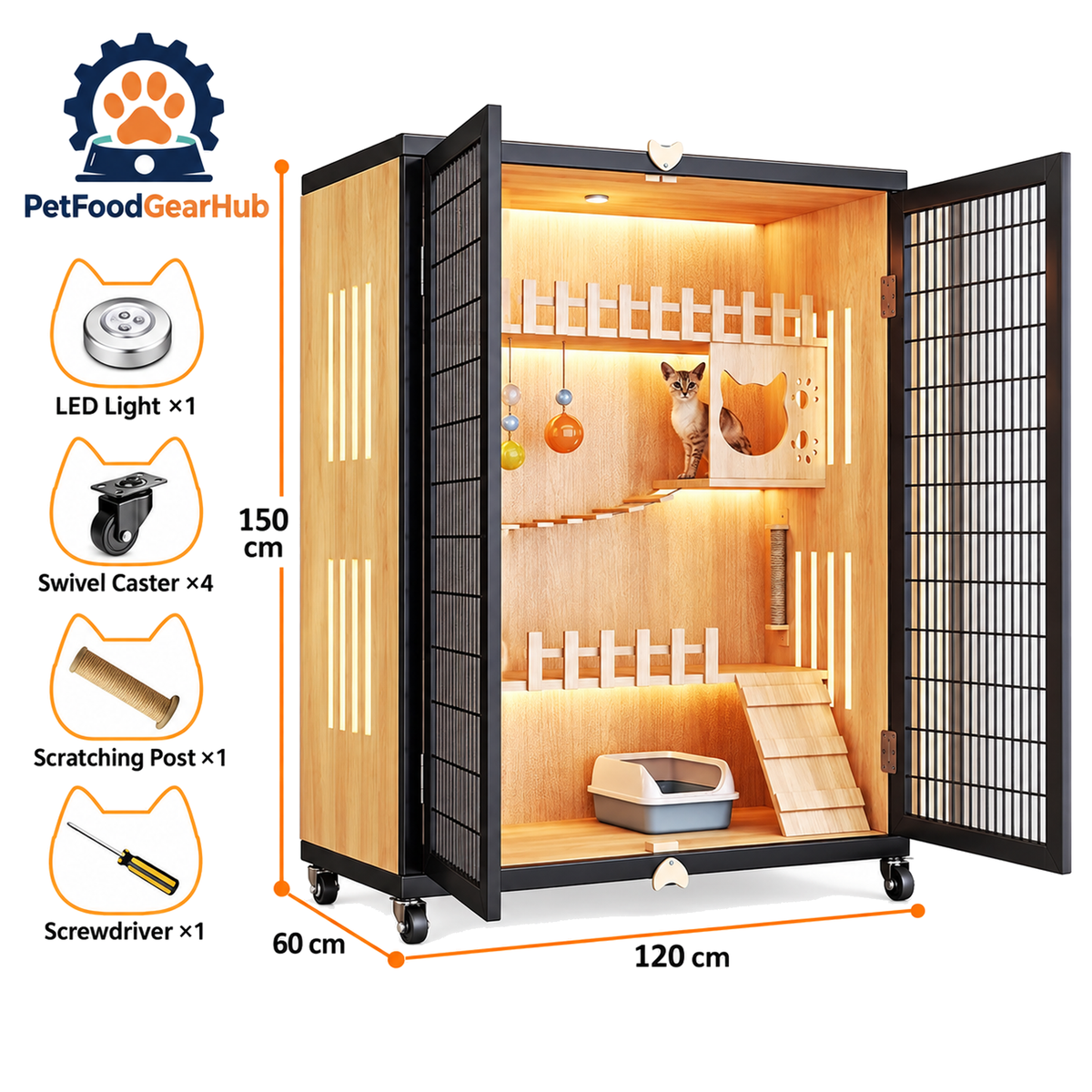 PetFoodGearHub Mesh-Door Cat Enclosure B7,  Natural Wood - product view