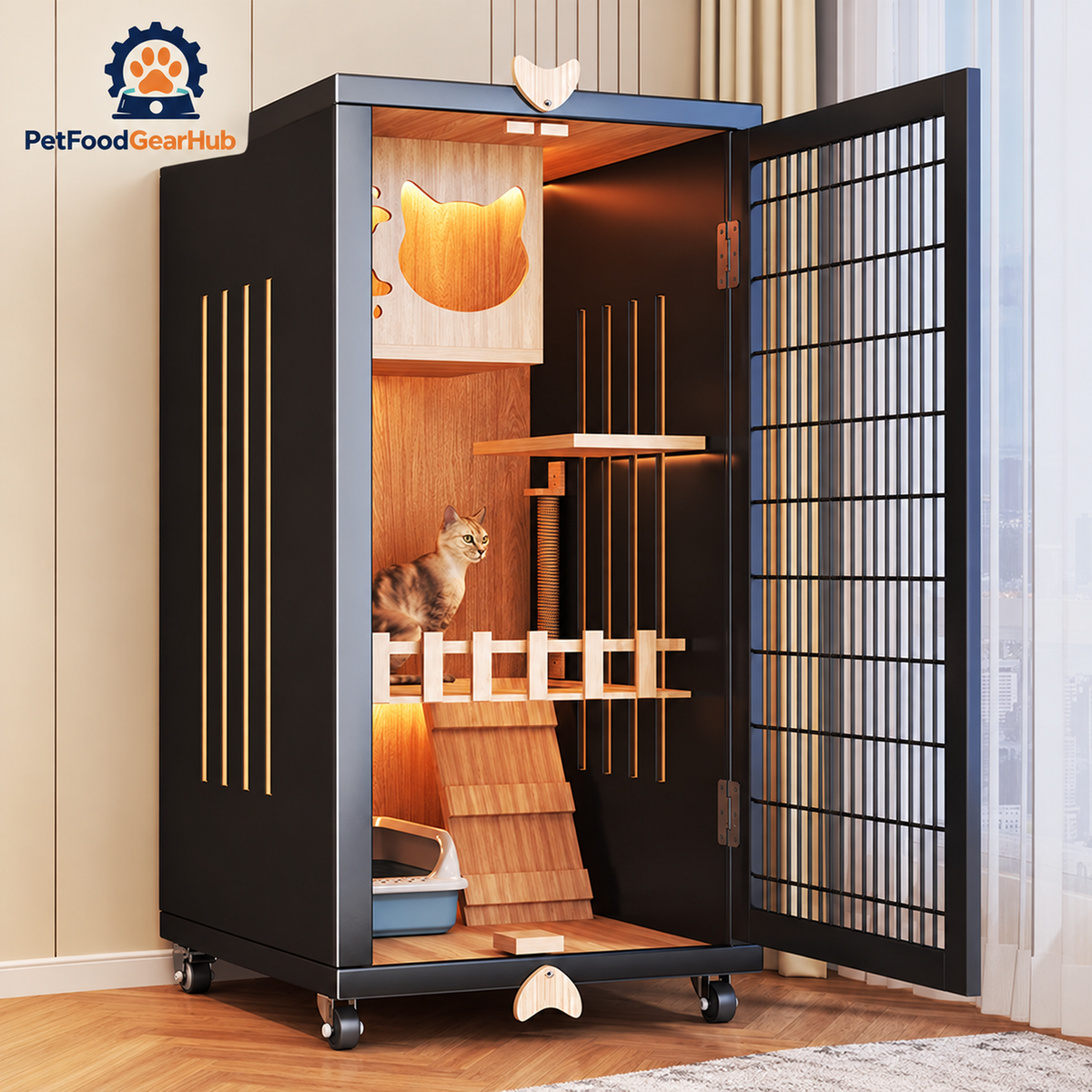 PetFoodGearHub Mesh-Door Cat Enclosure B7,  Natural Wood - design and dimension details