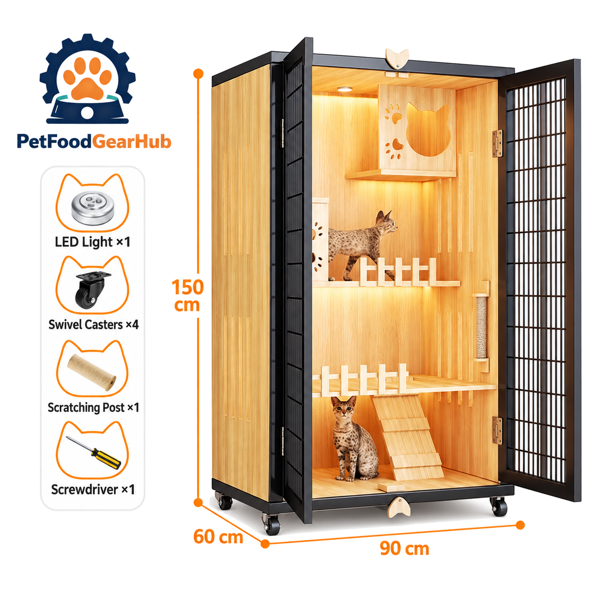 PetFoodGearHub Mesh-Door Cat Enclosure B6,  Natural Wood - product view