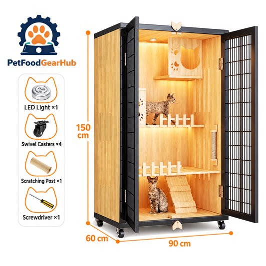 PetFoodGearHub Mesh-Door Cat Enclosure B6,  Natural Wood - product view