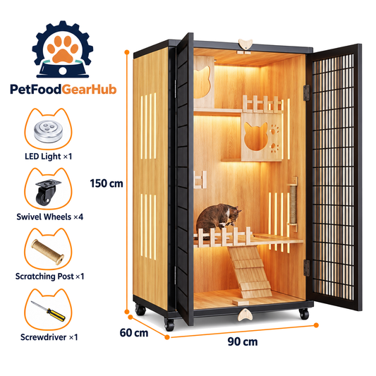 PetFoodGearHub Mesh-Door Cat Enclosure B6,  Natural Wood - product view