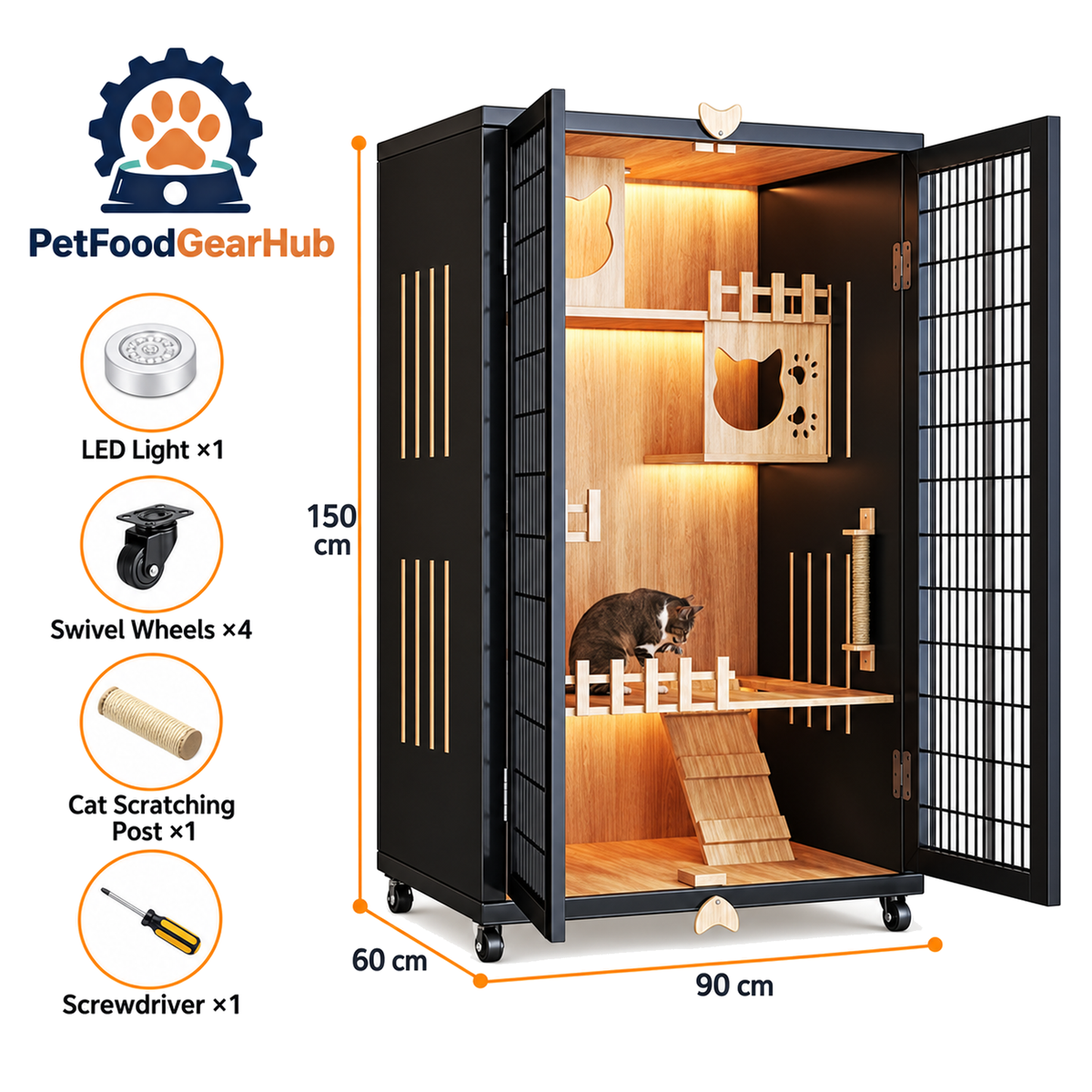 PetFoodGearHub Mesh-Door Cat Enclosure B6,  Black - product view