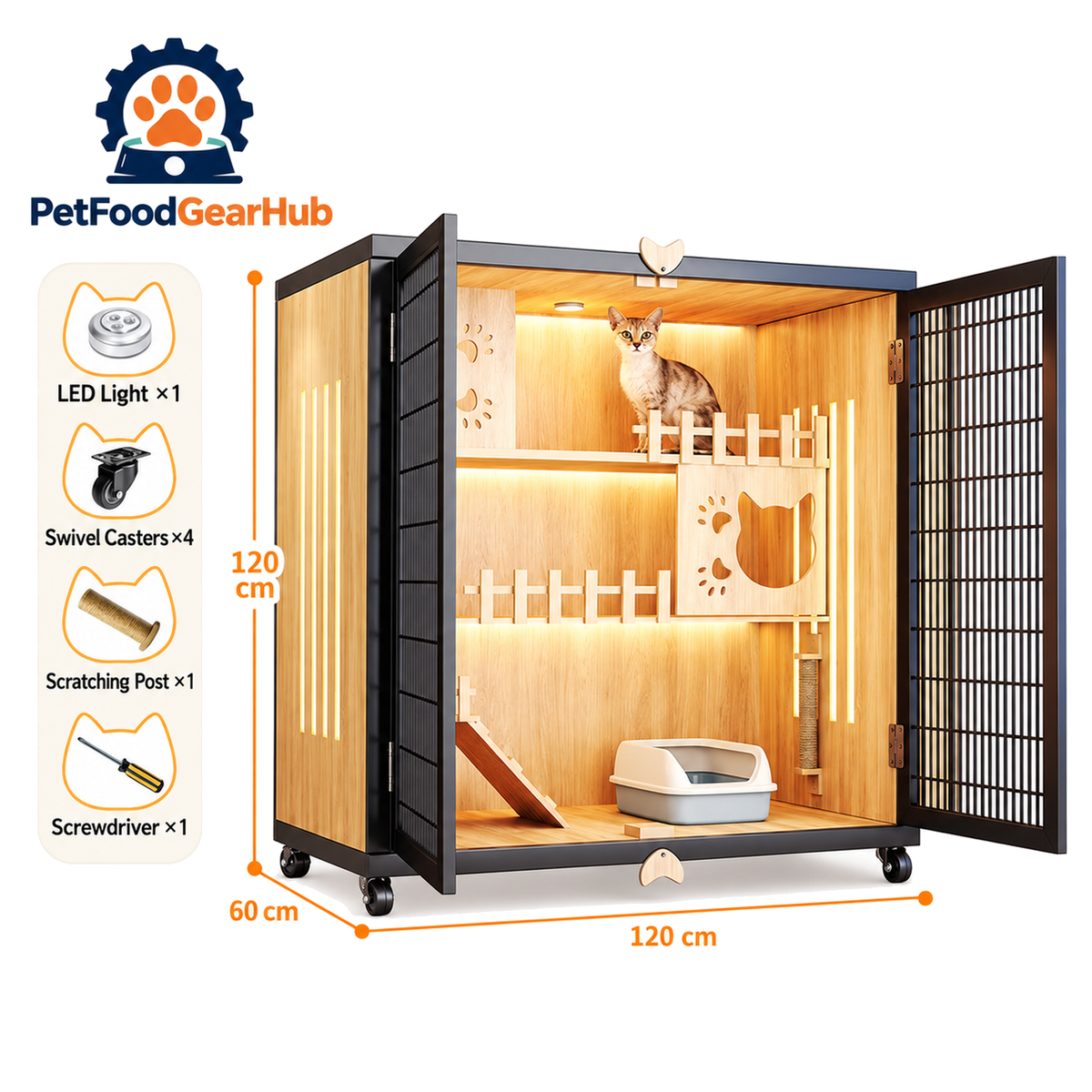 PetFoodGearHub Mesh-Door Cat Enclosure B5,  Natural Wood - product view