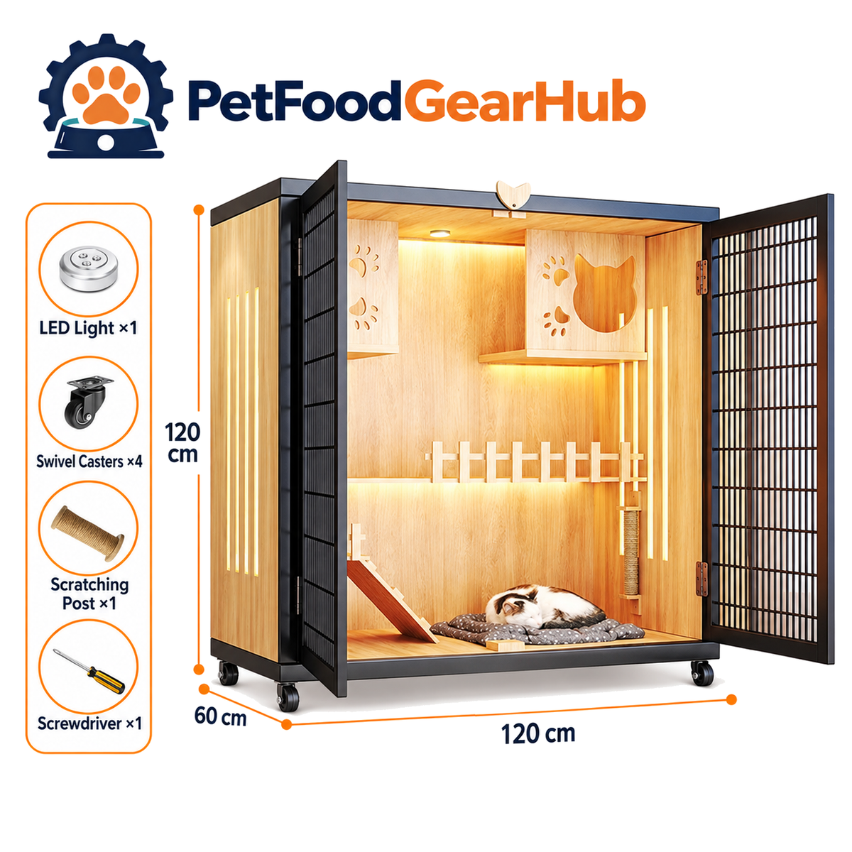 PetFoodGearHub Mesh-Door Cat Enclosure B5,  Natural Wood - product view
