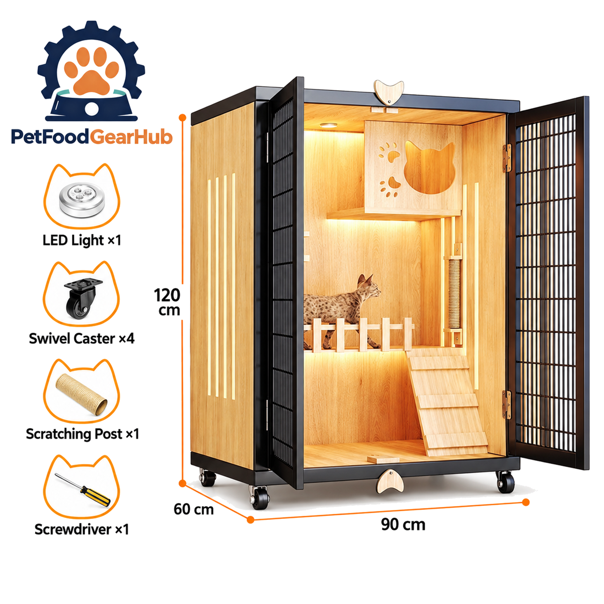 PetFoodGearHub Mesh-Door Cat Enclosure B4,  Natural Wood - product view