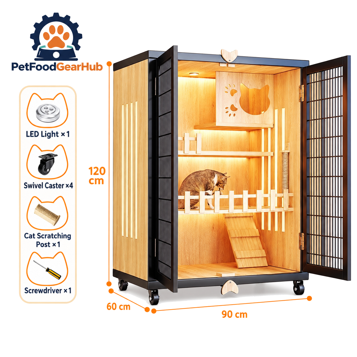 PetFoodGearHub Mesh-Door Cat Enclosure B4,  Natural Wood - product view
